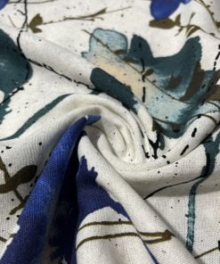 Yeşil Mavi Çiçekli Ham Keten Kumaş S1