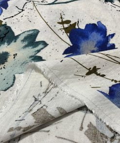 Yeşil Mavi Çiçekli Ham Keten Kumaş S1