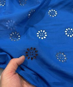 Çiçekli Saf Pamuk Fisto Kumaş Saks Mavi S1