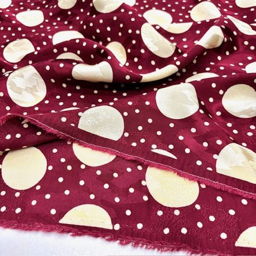 Bordo Krem Puantiyeli Jakarlı Cupro Kumaş SRVT