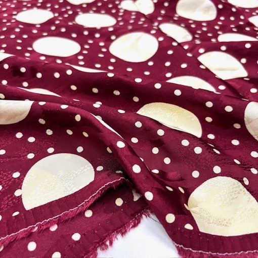 Bordo Krem Puantiyeli Jakarlı Cupro Kumaş SRVT