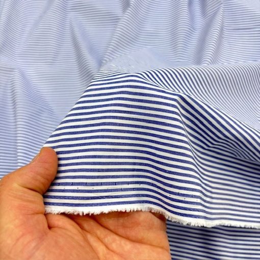 Koyu Mavi Çizgili Pamuklu Poplin Kumaş