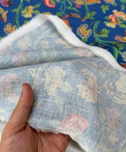 Kadife Çiçek Desenli %100 Keten Kumaş BYR