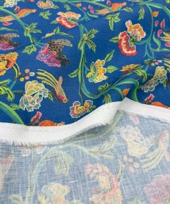 Kadife Çiçek Desenli %100 Keten Kumaş BYR